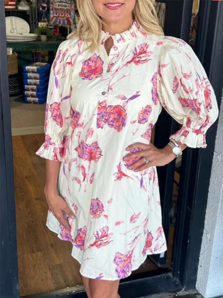 Floral Print Women Puff Sleeve Waist-controlled Lace-up Short Female Dress - Blue Flower