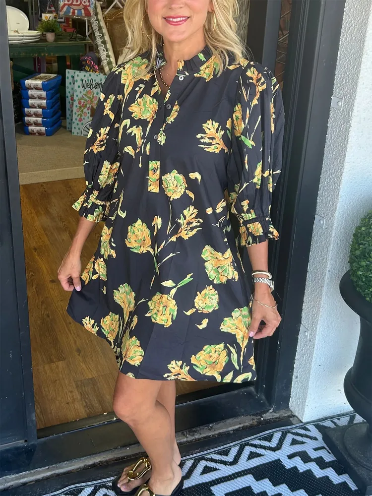 Floral Print Women Puff Sleeve Waist controlled Lace up Short Female Dress Yellow Flower - Shop at LoveMi