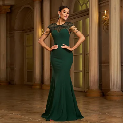 Elegant Sleeveless Round Neck Sequins Slim fit Sheath Banquet Fishtail Evening Dress Green - Shop at LoveMi