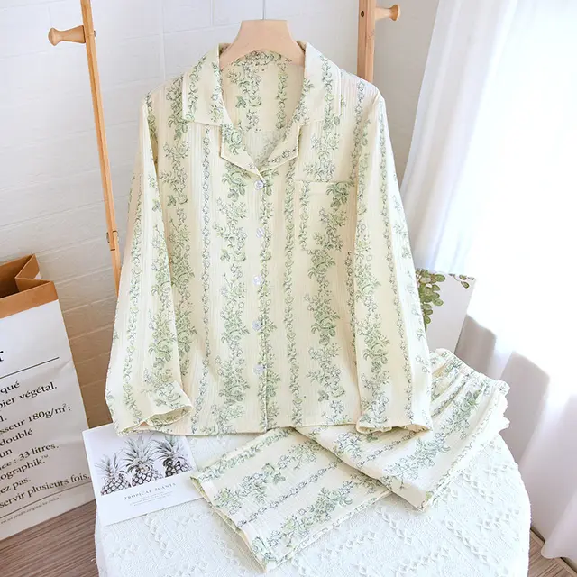 Women's Pure Cotton Lapel Simple Loose Homewear Pajamas Suit Green Striped Flower - Shop at LoveMi