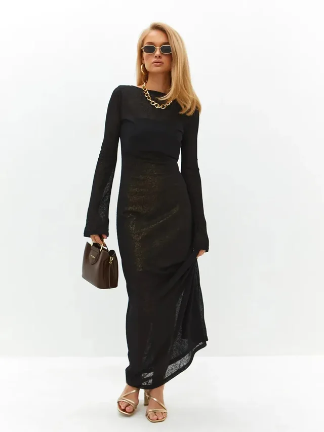 Long Sleeve Solid Color Round Neck Beach Dress Black - Shop at LoveMi