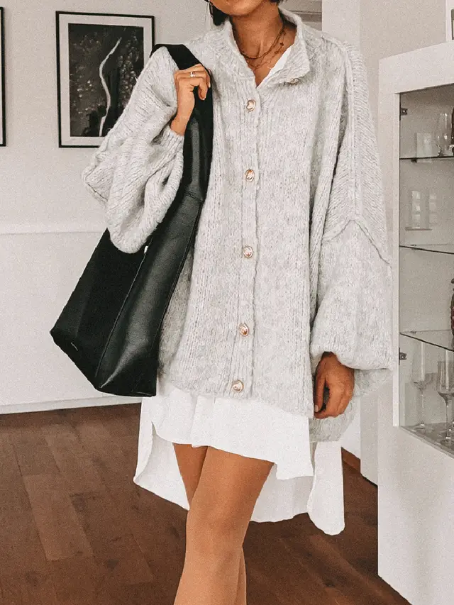Fashion Solid Color Casual Retro Cardigan Light Gray - Shop at LoveMi