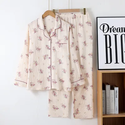 Cotton Printed Long Sleeve Loose Home Wear Suit Anna Little Purple Flower - Shop at LoveMi