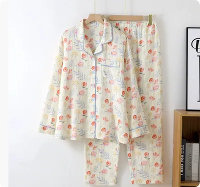Cotton Printed Long Sleeve Loose Home Wear Suit Watercolor Flowers - Shop at LoveMi
