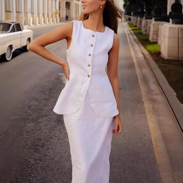 French Laziness Casual Cotton Square Collar Sleeveless White Suit - Shop at LoveMi