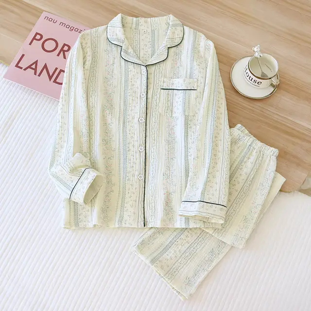 Cotton Crepe Pajamas Suit Women's Long sleeved Trousers Flower Branches And Tendrils - Shop at LoveMi