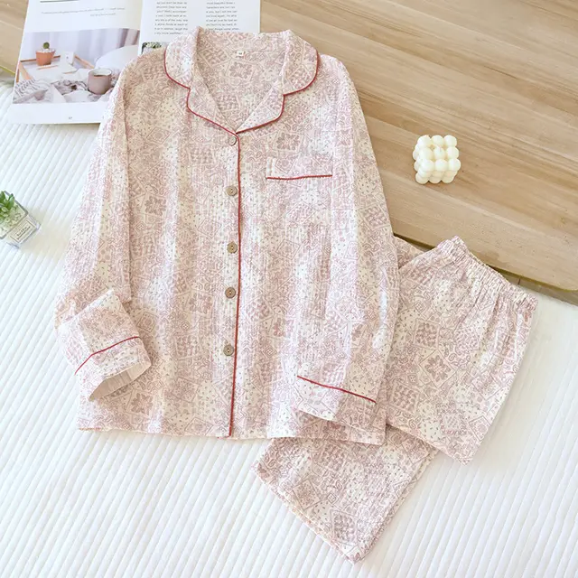 Cotton Crepe Pajamas Suit Women's Long sleeved Trousers Kaleidoscope - Shop at LoveMi