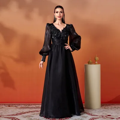 Elegant Long Sleeve V neck Lace Banquet Swing Evening Dress Black - Shop at LoveMi