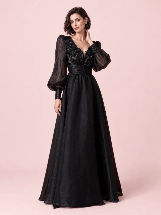 Elegant Long Sleeve V neck Lace Banquet Swing Evening Dress Black - Shop at LoveMi