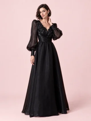 Sequin Long-Sleeve V-Neck Swing Evening Dress - Black
