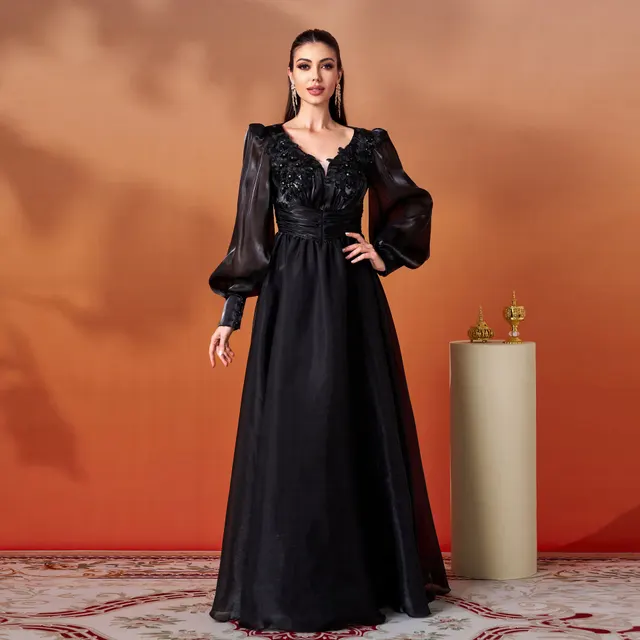 Elegant Long Sleeve V neck Lace Banquet Swing Evening Dress Black - Shop at LoveMi