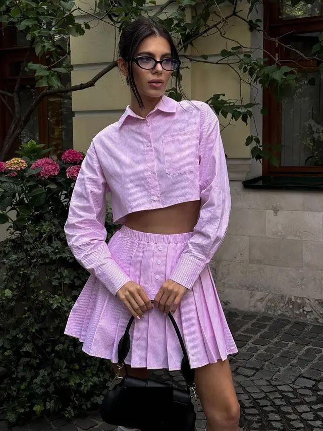 Casual Elastic Waist Pleated Skirt Two piece Set Pink - Shop at LoveMi