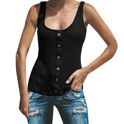 Women's U neck Solid Color Sleeveless Breasted Vest T shirt Top Black - Shop at LoveMi