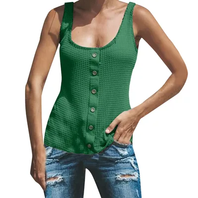 Women's U neck Solid Color Sleeveless Breasted Vest T shirt Top Green - Shop at LoveMi
