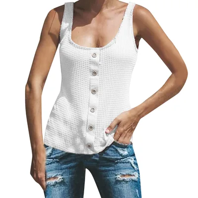 Women's U neck Solid Color Sleeveless Breasted Vest T shirt Top White - Shop at LoveMi