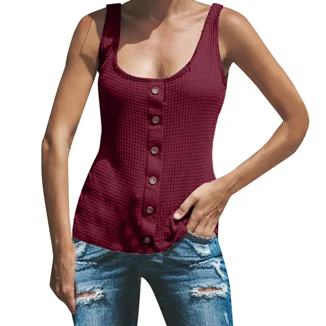 Women's U neck Solid Color Sleeveless Breasted Vest T shirt Top Wine Red - Shop at LoveMi