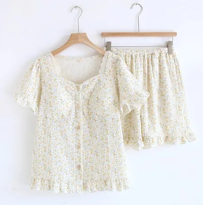 Sweet Lace Square neck Floral Short Sleeves Breast Cushion Pajamas Flower Bloom - Shop at LoveMi
