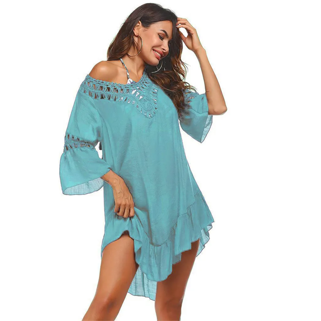 Hand Crocheting Stitching Smock Dress Beach Cover-up Slub Cotton Crochet - Water Blue