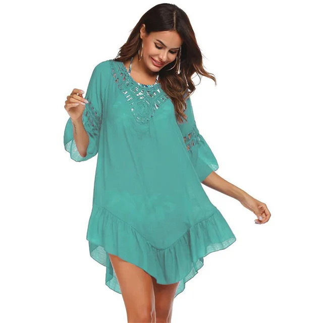 Hand Crocheting Stitching Smock Dress Beach Cover up Slub Cotton Crochet Water Green - Shop at LoveMi