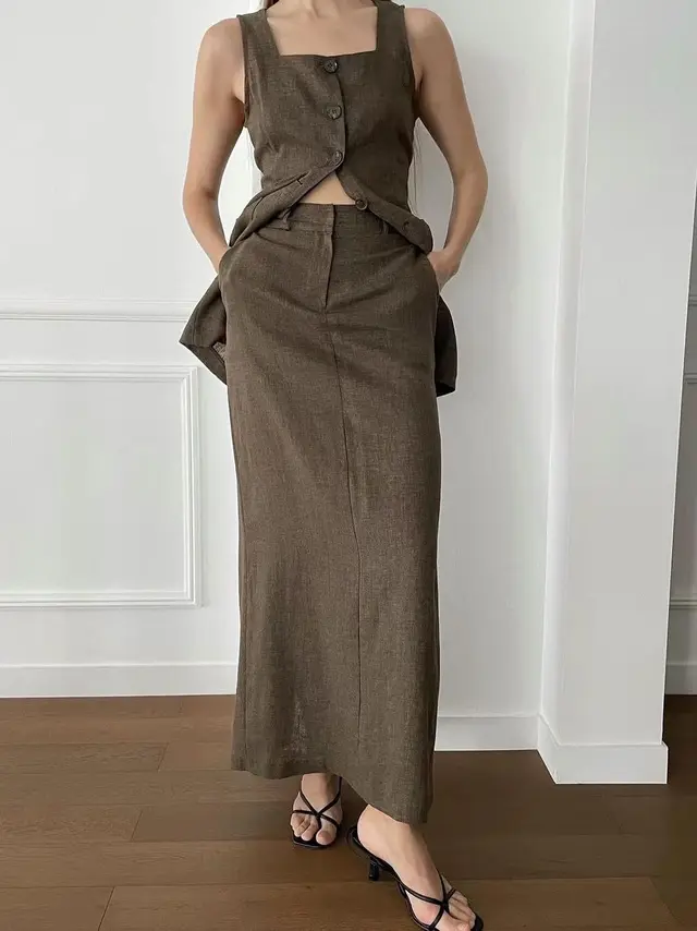 Vest Long Skirt Two piece Women's Suit Brown - Shop at LoveMi