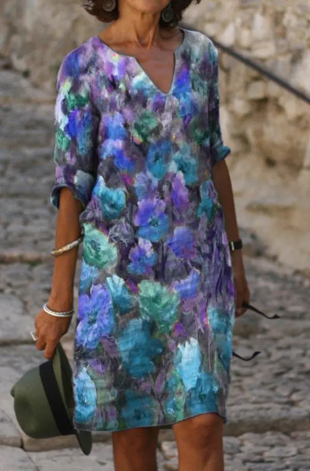 Women's Dress Fashionable Printed Multicolor V neck Summer And Autumn Dress Blue Dirty Flower - Shop at LoveMi