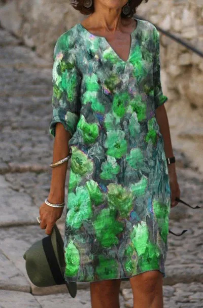 Women's Dress Fashionable Printed Multicolor V neck Summer And Autumn Dress Green Dirty Flower - Shop at LoveMi