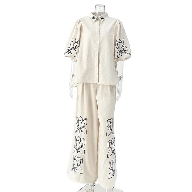 Cotton And Linen Embroidered Wide leg Pants Suit Embroidery Suit - Shop at LoveMi