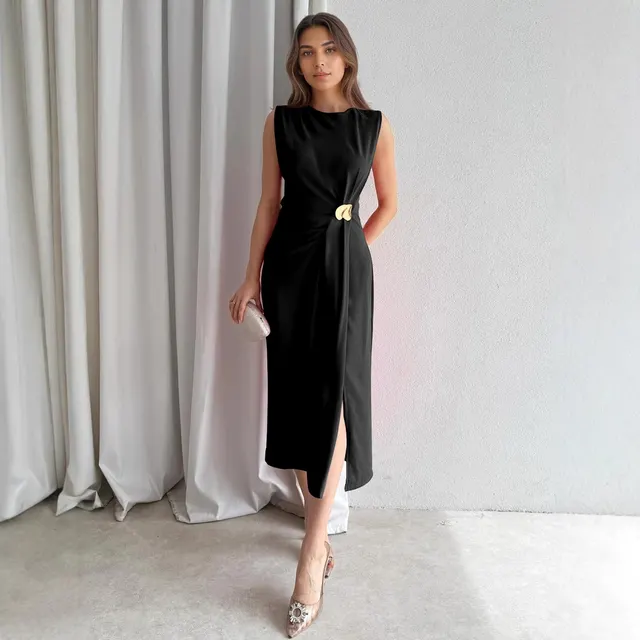 Women's Pleated Ornament Split Sleeveless Casual Solid Color Fashion Long Dress Black - Shop at LoveMi