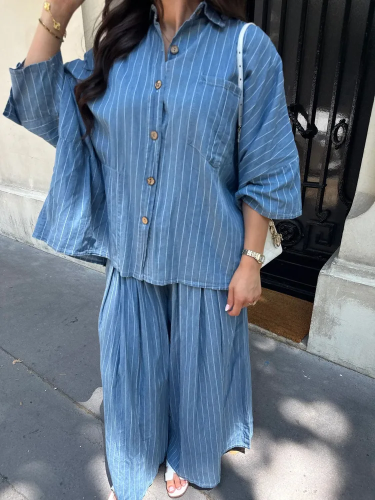 Casual Striped Shirt Wide Leg Pants Suit - Sky Blue