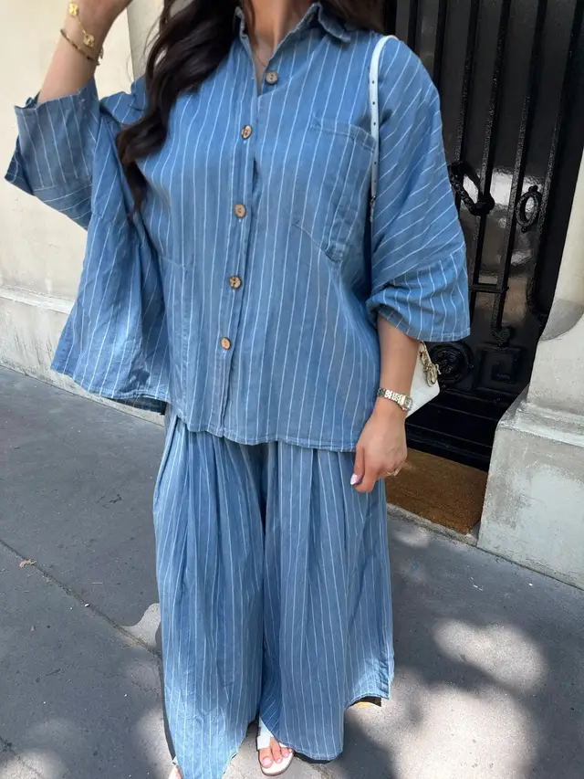 Casual Striped Shirt Wide Leg Pants Suit Sky Blue - Shop at LoveMi