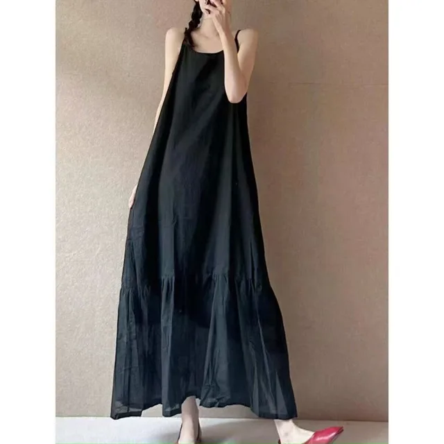 Cotton And Linen White Dress Minimalist Stitching Suspender Skirt Loose Temperament Artistic Dress Black - Shop at LoveMi