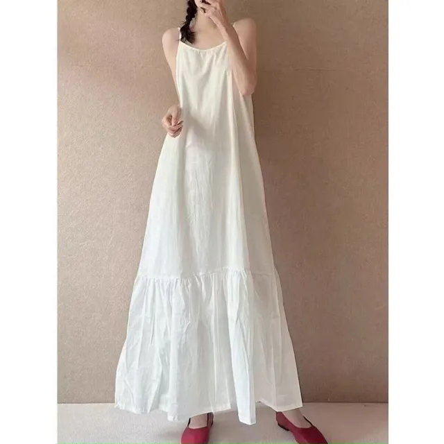 Cotton And Linen White Dress Minimalist Stitching Suspender Skirt Loose Temperament Artistic Dress White - Shop at LoveMi