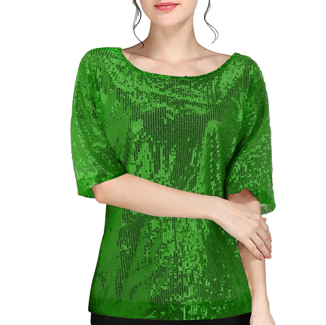 Women's Pure Color Sequins Round Neck Stitching Loose-fitting Casual T-shirt - Green
