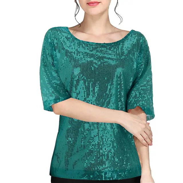 Women's Pure Color Sequins Round Neck Stitching Loose fitting Casual T shirt Sky Blue - Shop at LoveMi