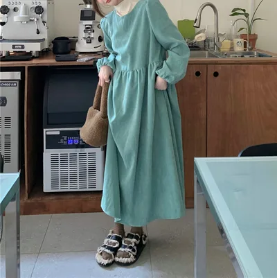 French Style Lantern Long Sleeve Corduroy Dress Women's Autumn And Winter Pleated Blue And Green - Shop at LoveMi