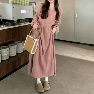 French Style Lantern Long Sleeve Corduroy Dress Women's Autumn And Winter Pleated Pink - Shop at LoveMi