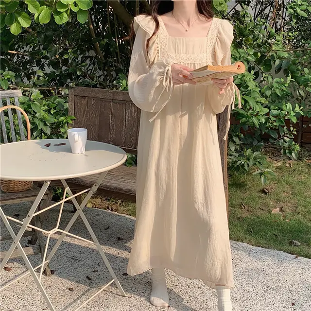 Court Style Long Style Long Sleeve Internet Celebrity Autumn And Winter Pajamas Women Lace Trim Solid Color - Shop at LoveMi