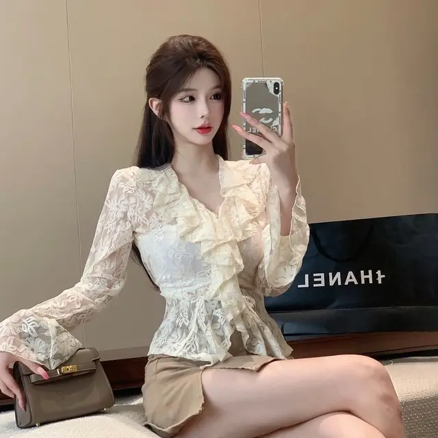 V neck Flounce Hollow out Lace Shirt Women's Flared Long sleeved T shirt Apricot - Shop at LoveMi