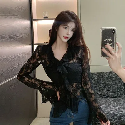 V neck Flounce Hollow out Lace Shirt Women's Flared Long sleeved T shirt Black - Shop at LoveMi
