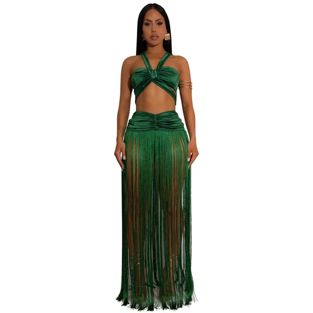 Sexy Shoulder Strap Top Tassel Dress Two piece Set C7438 Green - Shop at LoveMi