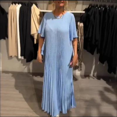 European And American Women's Clothing Round Neck Short Sleeve Casual Dress Light Blue - Shop at LoveMi