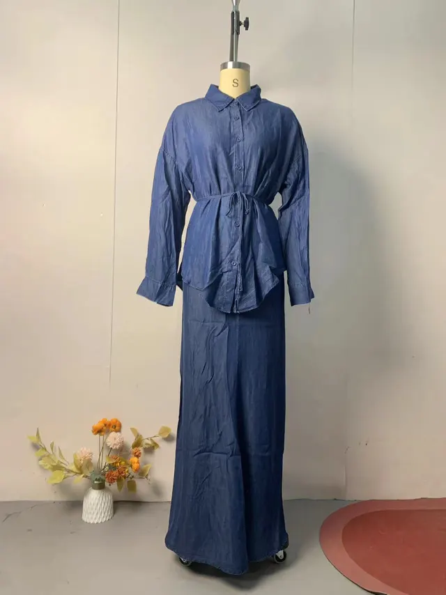 Women's Clothing Belt Waist controlled Long Sleeves Denim Long Skirts Two piece Set Blue - Shop at LoveMi