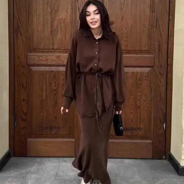 Women's Clothing Belt Waist controlled Long Sleeves Denim Long Skirts Two piece Set Dark Brown - Shop at LoveMi