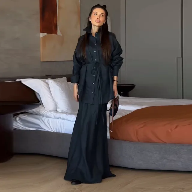 Women's Clothing Belt Waist controlled Long Sleeves Denim Long Skirts Two piece Set Navy Blue - Shop at LoveMi