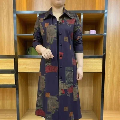 Middle aged And Elderly Mid length Trench Coat Printed Coat Purple - Shop at LoveMi