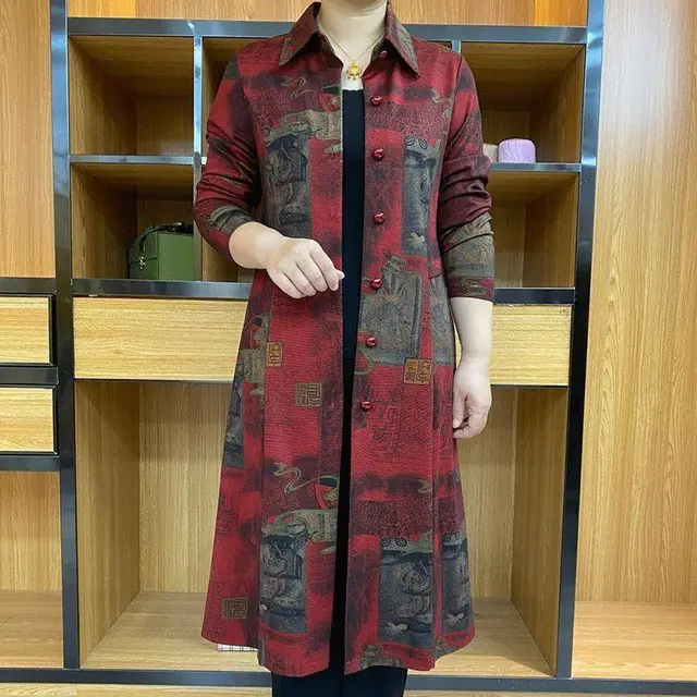 Middle aged And Elderly Mid length Trench Coat Printed Coat Red - Shop at LoveMi