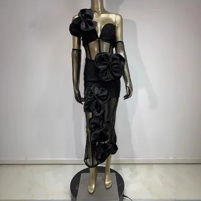 Bandage Skirt Gloves Black Banquet Party Formal Dress Black - Shop at LoveMi