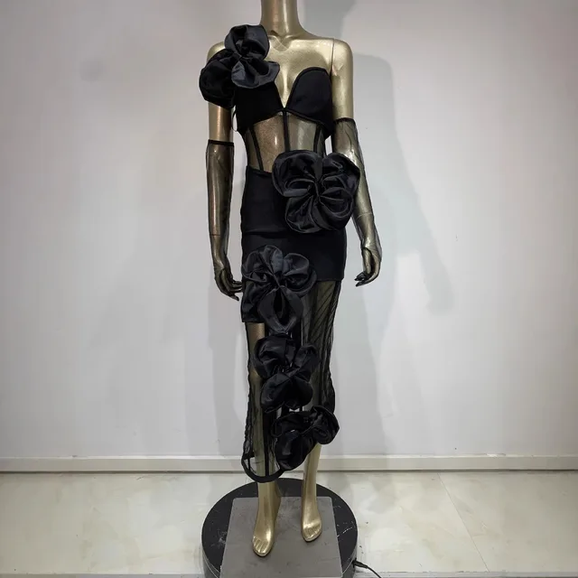 Bandage Skirt Gloves Black Banquet Party Formal Dress Black - Shop at LoveMi