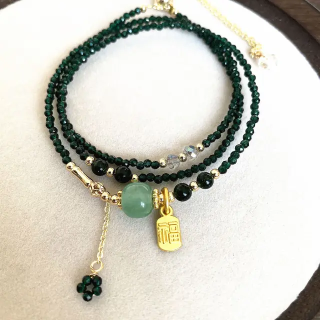 Green Pointed Crystal With Aventurine Barrel Beads Cut Surface Three Circle Bracelet Green - Shop at LoveMi