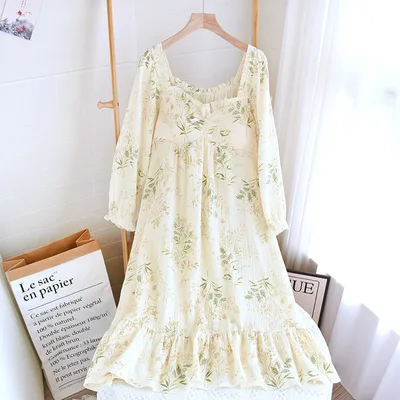 Cotton Crepe Chest Pad Long Sleeve Skirt U collar Pullover Nightdress Henon Bamboo Dark Green - Shop at LoveMi